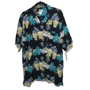 Cherokee Waikiki Wear Black Tropical Print Short Sleeve Aloha Shirt NWT Large